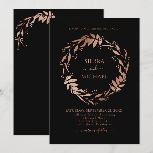 Elegante Black Chic Rose Gold Wreath Wedding Einladung (Vorne/Hinten)