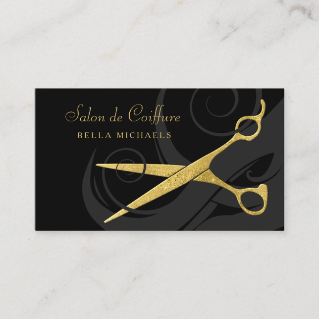 Elegante Black Curls Imitate Gold Scheren Friseur  Terminkarte (Vorderseite)