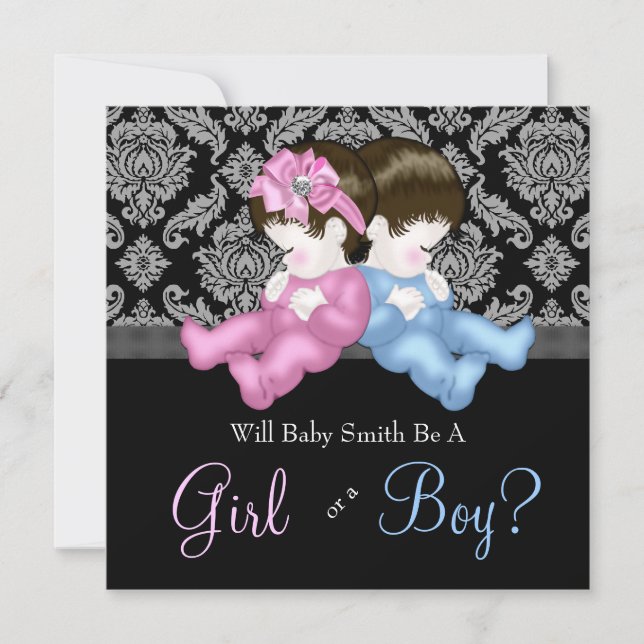 Elegante Black Damask Gender Reveal Dusche Einladung (Vorderseite)