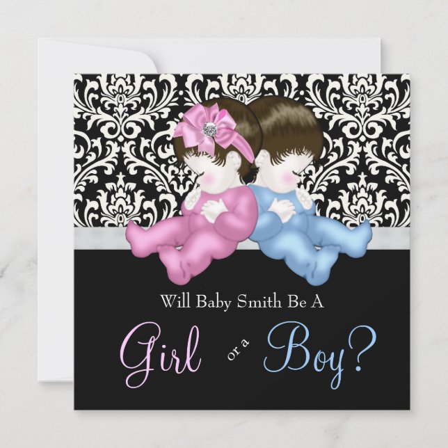 Elegante Black Damask Gender Reveal Dusche Einladung (Vorderseite)