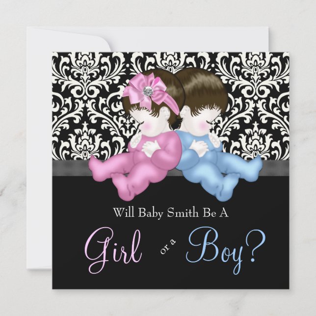 Elegante Black Damask Gender Reveal Dusche Einladung (Vorderseite)