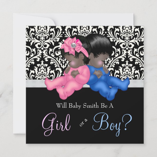 Elegante Black Damask Gender Reveal Dusche Einladung (Vorderseite)