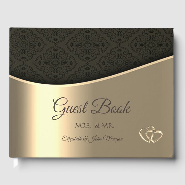 Elegante Black Damask Gold Wedding Gästebuch (Vorderseite)