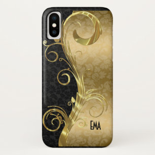 Elegante Black Damask Gold Wirbel iPhone X Hülle