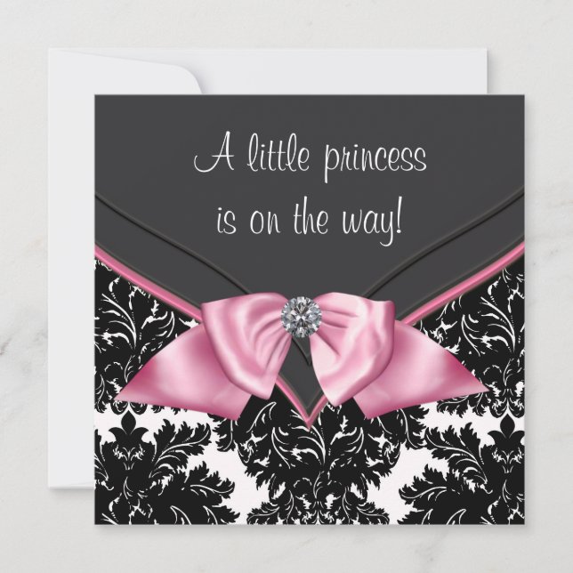 Elegante Black Damask Princess Baby Dusche Einladung (Vorderseite)