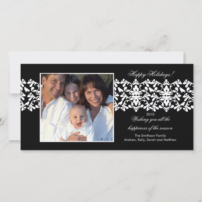 Elegante Black Damask Spitzen Weihnachtsfotokarte Feiertagskarte (Vorderseite)