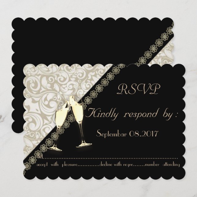 Elegante Black,Damask Wedding RSVP Card Einladung (Vorne/Hinten)