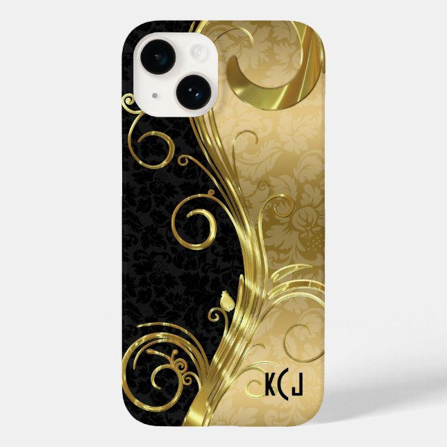 Elegante Black Damaskas Gold Wirbel Case-Mate iPhone 14 Hülle (Rückseite)