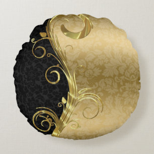 Elegante Black Damaskas Gold Wirbel Rundes Kissen