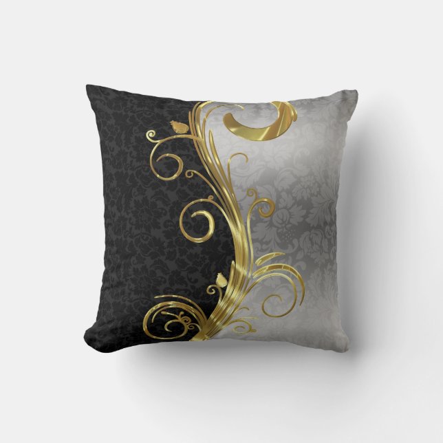 Elegante Black Damasks Gold & Silver Wirbel Kissen (Vorderseite)