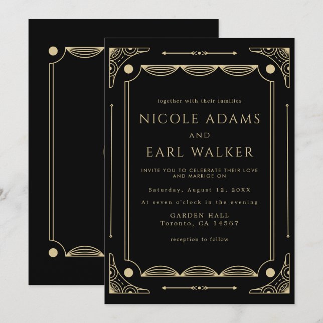 Elegante Black Deko Gold Wedding Einladung (Vorne/Hinten)