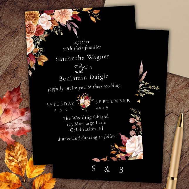 Elegante Black Fall Floral Wedding Einladung (Von Creator hochgeladen)
