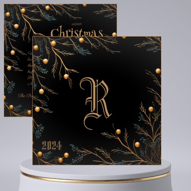 Elegante Black Family Monogram Weihnachtskarte Feiertagskarte (Von Creator hochgeladen)