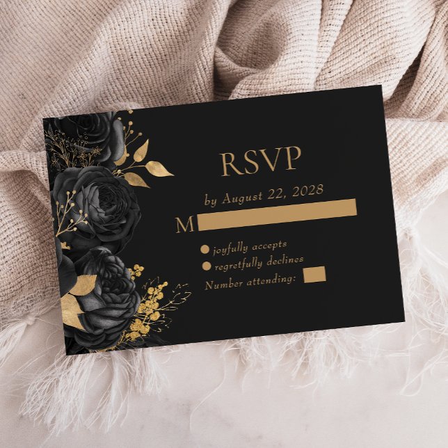Elegante Black Floral Gold Dunkle Hochzeit RSVP Karte (Von Creator hochgeladen)