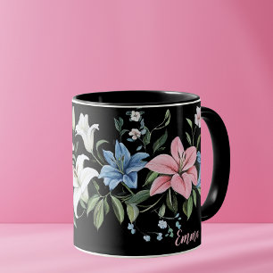 Elegante Black Floral Personalized Mug Tasse