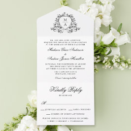 Elegante Black Floral Wappen Monogram Wedding All In One Einladung
