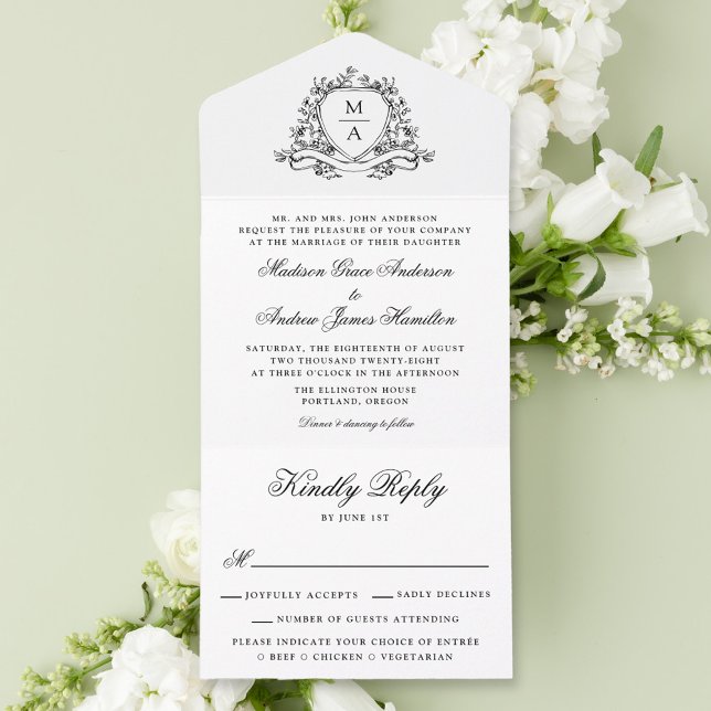 Elegante Black Floral Wappen Monogram Wedding All In One Einladung (Von Creator hochgeladen)