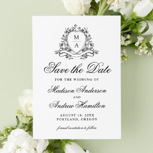 Elegante Black Floral Wappen Monogram Wedding Save The Date