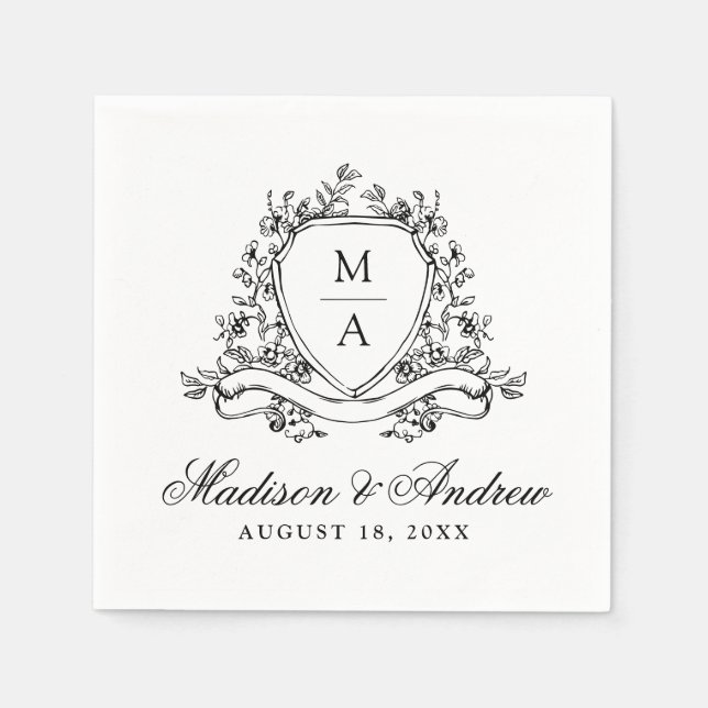 Elegante Black Floral Wappen Monogram Wedding Serviette (Vorderseite)