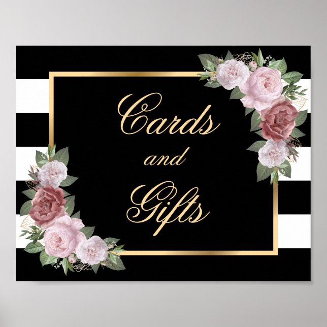 Elegante Black Floral Wedding Cards und Gifts Sign Poster (Vorne)