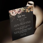 Elegante Black Floral Wedding | Dark Fall Boho Menükarte<br><div class="desc">Set ein romantisches Ambiente für Ihren Empfang mit dieser eleganten Hochzeit im Herbst-Karte mit einem schwarzen Hintergrund und sanften Aquarellfloralen in sanften Rosa, Pfirsich und erdigen Tönen. Das launenhafte Blumendesign verleiht dem Ganzen eine raffinierte Touch. Ideal für Herbsthochzeiten, Proben oder Verlobungen. Die Einrichtung bietet Platz für Ihre persönlichen Mahlzeiten -...</div>