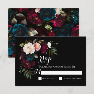 Elegante Black Floral Wedding RSVP Response Card