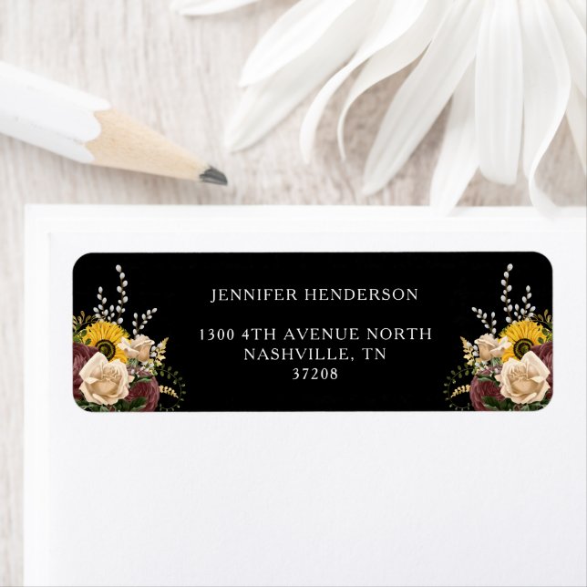 Elegante Black Floral Wedding Rücksendeadresse (Insitu)