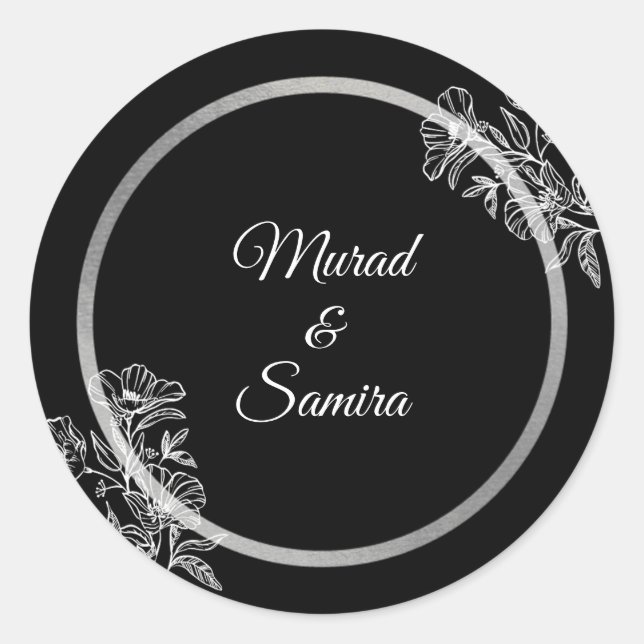Elegante Black Floral Wedding Runder Aufkleber (Vorderseite)