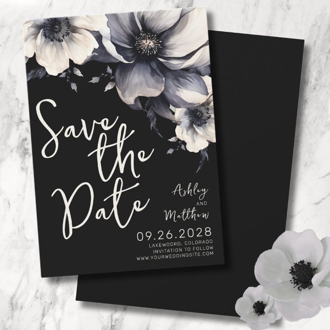 Elegante Black Floral Wedding Save The Date (Script Modern Elegant Floral Black White Wedding Save The Date)