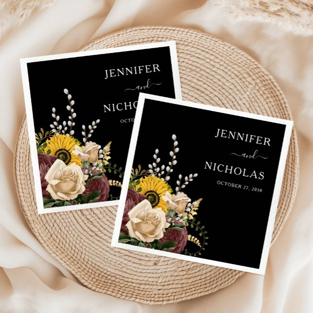 Elegante Black Floral Wedding Serviette (Elegant Black Floral Wedding Napkins)