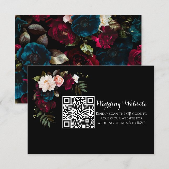 Elegante Black Floral Wedding Website QR Code Begleitkarte (Vorne/Hinten)