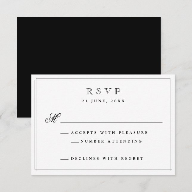 Elegante Black Formal Wedding RSVP Card (Vorne/Hinten)