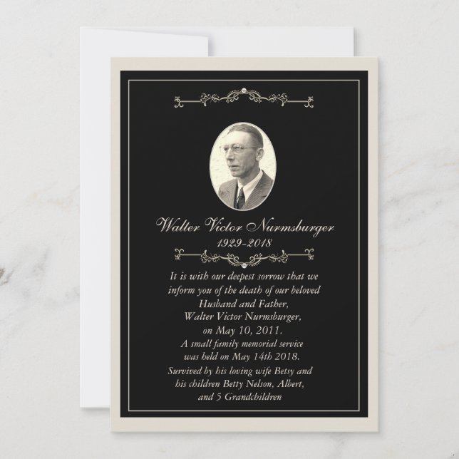 Elegante Black Foto Death Announcement Card Ankündigung (Vorderseite)