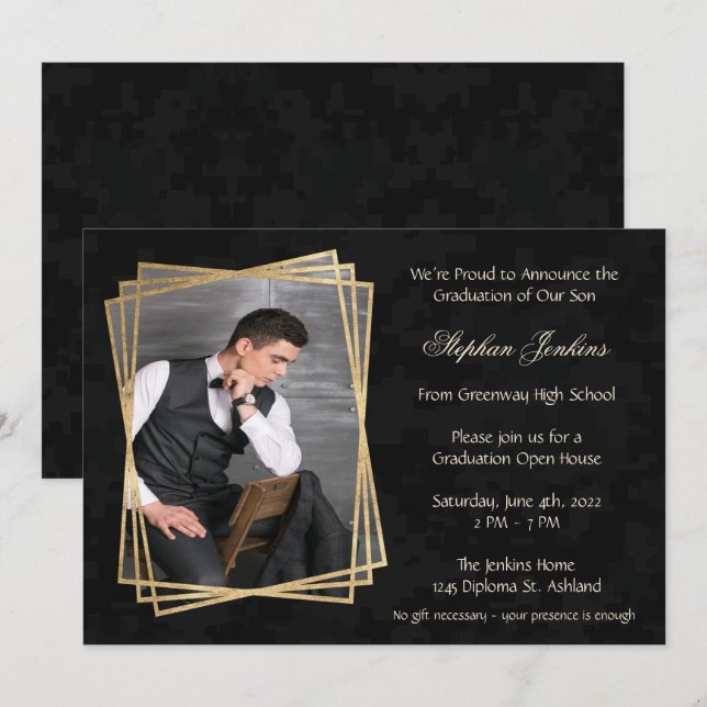 Elegante Black Foto Graduation Party Einladung (Vorne/Hinten)
