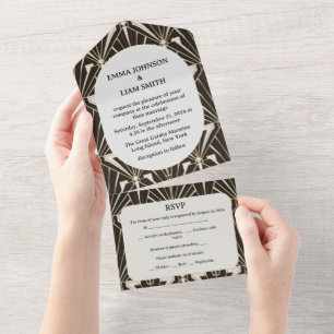 Elegante Black Geometric Roaring 20s Hochzeit All In One Einladung