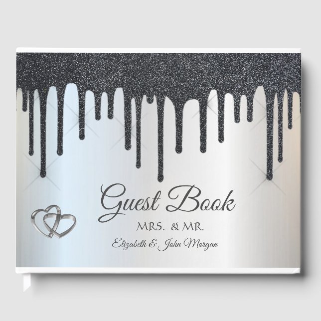 Elegante Black Glitzer Tropfens Hearts Wedding Gästebuch (Vorderseite)