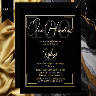 Elegante Black Gold 100. Geburtstags-Art-Deco-Part Folieneinladung