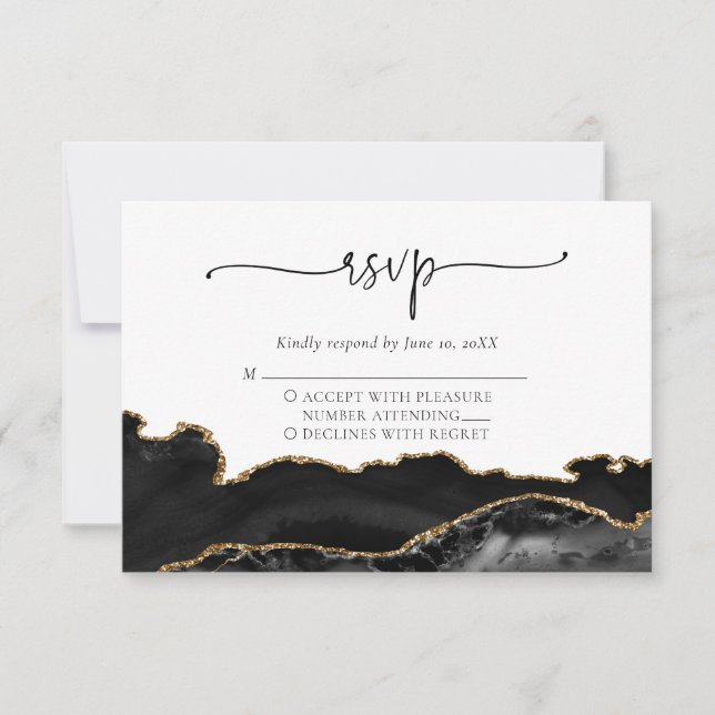 Elegante Black Gold Agate Wedding RSVP Card Karte (Vorderseite)