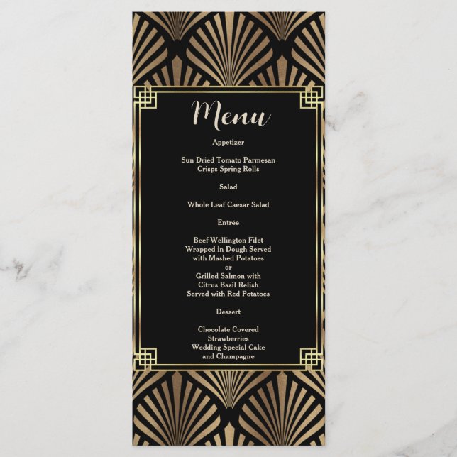 Elegante Black Gold Art Deco 1920er Hochzeit Menükarte (Vorderseite)