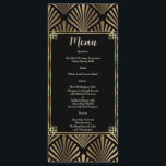 Elegante Black Gold Art Deco 1920er Hochzeit Menükarte<br><div class="desc">Glamouröse Art Deco Großartiges Design. Es ist im Art-Déco-Stil gehalten,  Imitate mit goldfarbener Folie und Ziergegenständen auf schwarzem Hintergrund. Verwenden Sie das Tool Anpassen,  um Ihre Informationen hinzuzufügen. Für passende Artikel besuchen Sie bitte meine Art Deco Black/White Style Collection der 20er Jahre.</div>