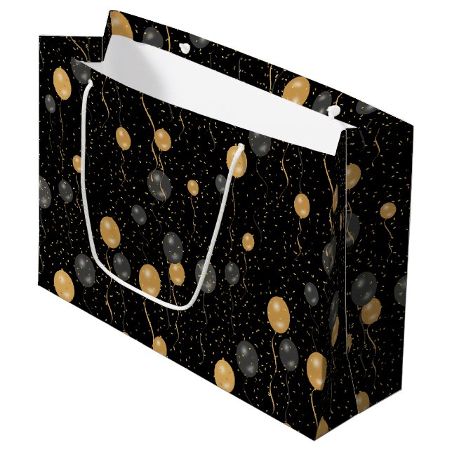 Elegante Black & Gold Ballons Große Geschenktüte (Vorderseite Schrägansicht)