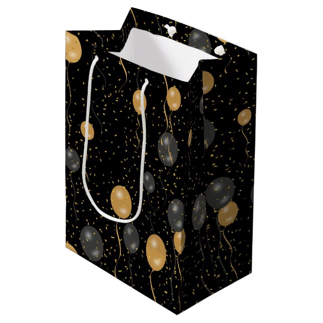 Elegante Black & Gold Ballons Mittlere Geschenktüte (Vorderseite Schrägansicht)