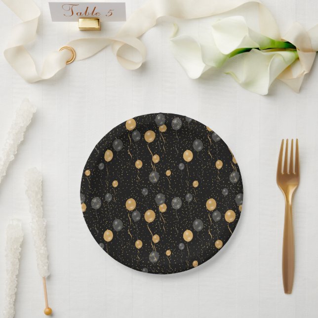 Elegante Black & Gold Ballons Pappteller (Hochzeit)