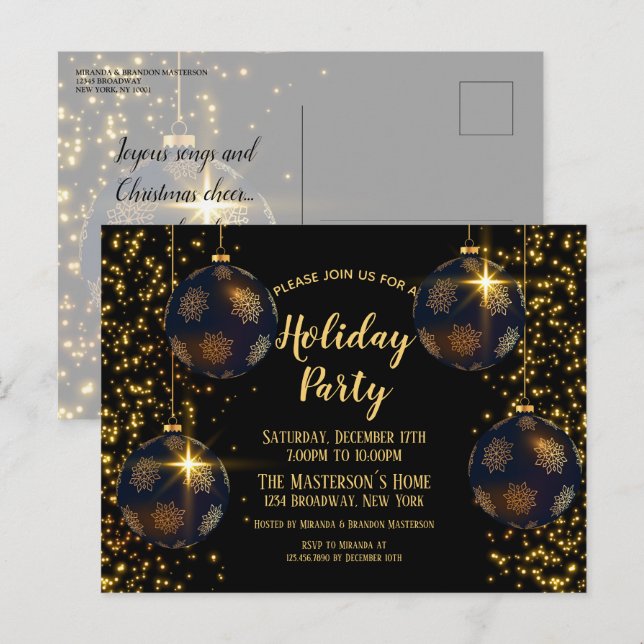 Elegante Black Gold Baubles Einladung Postkarte (Vorne/Hinten)