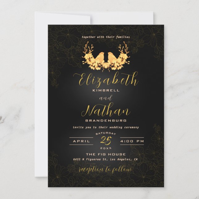 Elegante Black & Gold Birds Blumenhochzeit Einladung (Vorderseite)