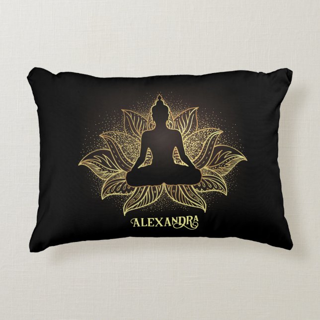 Elegante Black Gold Buddha Lotus Blume Meditation Dekokissen (Vorderseite)