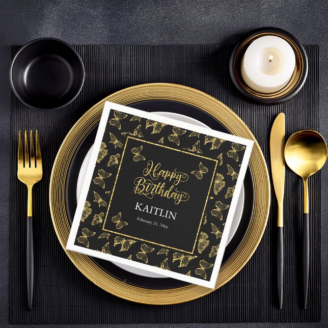 Elegante Black Gold Butterflies Happy Birthday Serviette (Elegant Black and Faux Gold Butterflies "Happy Birthday" Party Paper Napkins)