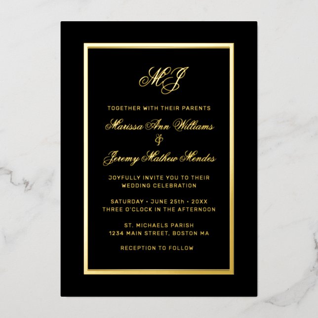 Elegante Black Gold Calligraphy Script Wedding Folieneinladung (Vorderseite)