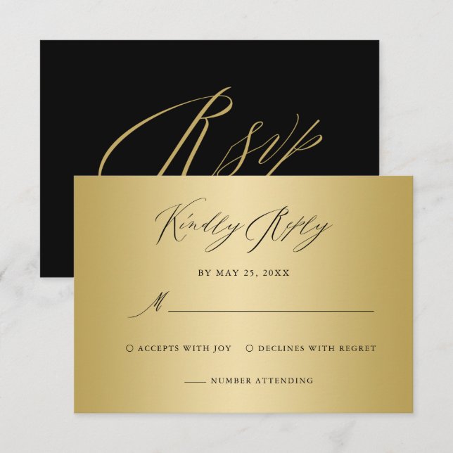 Elegante Black Gold Calligraphy Wedding RSVP Karte (Vorne/Hinten)