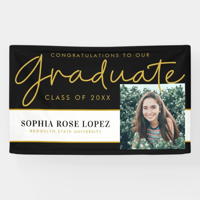 Elegante Black Gold Class 2021 Abschluss Foto Banner (Horizontal)
